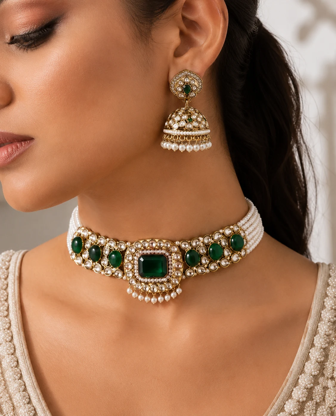 Emerald Pearl Kundan Choker Set — Myraa jewellery