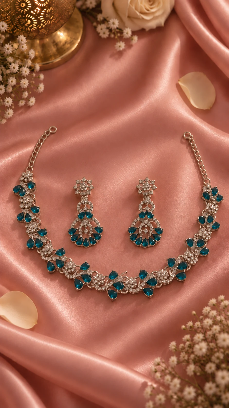 Aarna Teal Bloom Crystal Set — Myraa jewellery