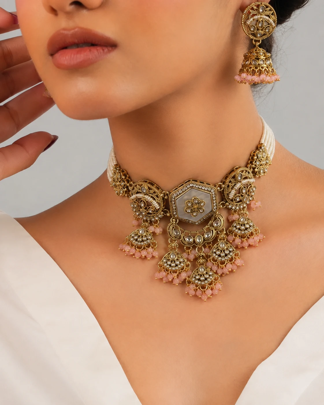 Gulnaar Pearl Kundan Choker Set — Myraa jewellery