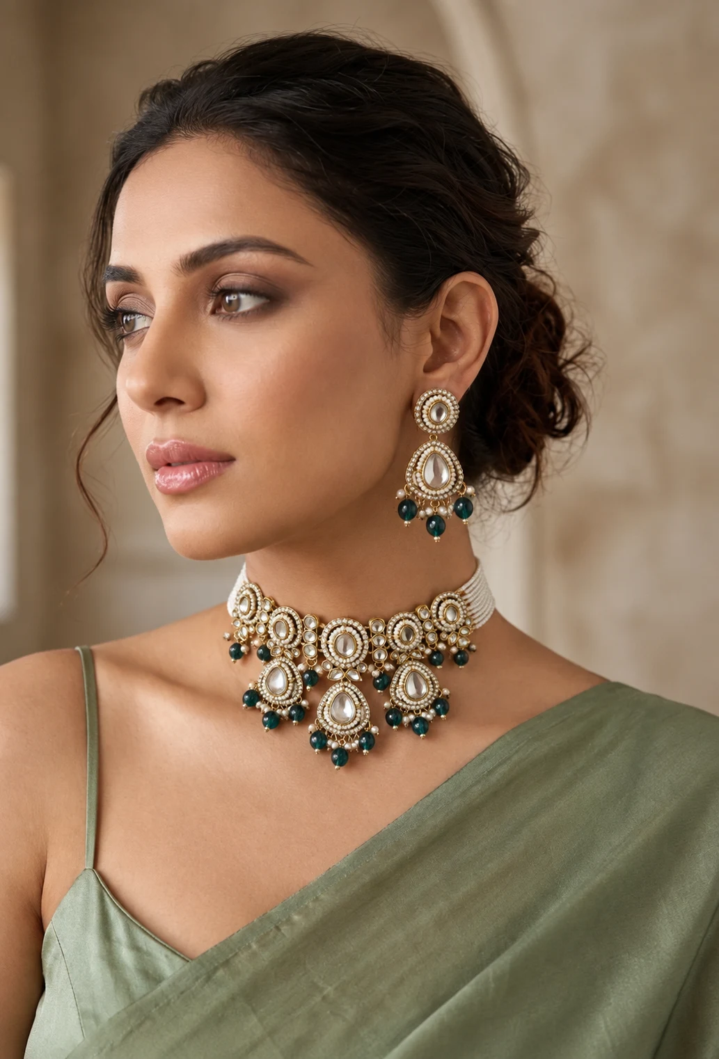 Emerald Kundan Pearl Heritage Necklace Set — Myraa jewellery