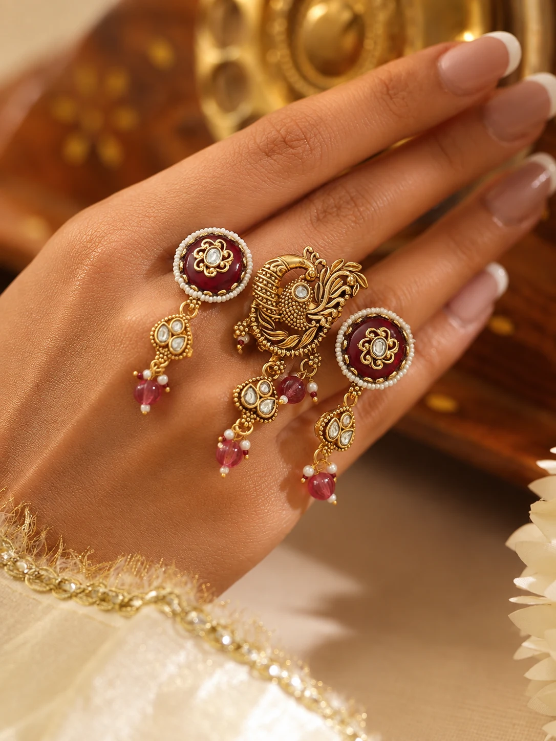 Ruby Peacock Three-Finger Adjustable Ring