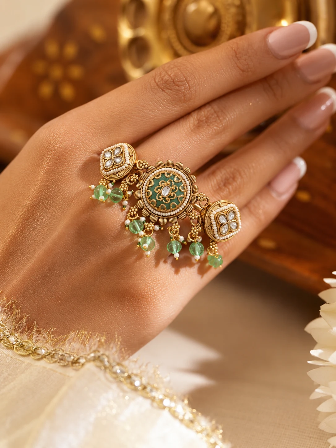 Emerald Meenakari Three-Finger Adjustable Ring — Myraa jewellery